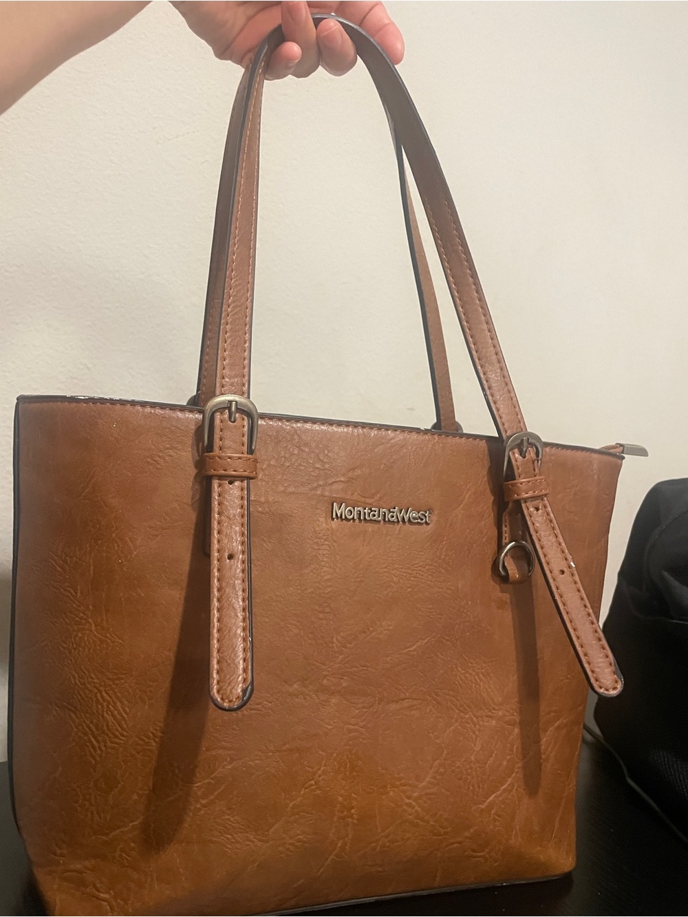 Montana West Cognac Brown Leather Tote with Adjustable Straps